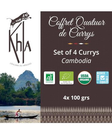 Khla - Set of 4 Organic Curries - Yellow Curry Black Curry Red Curry & Detox Green Curry - Powder Tubes 4x 100g - Gift Idea Box - Exclusive Kitchen Blends - Asian Spice - Cambodia Origin - Buy Online on GoSupps.com