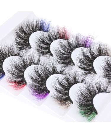 False Eyelashes with Color, ALPHONSE 5D Fluffy Faux Mink Colored Lashes Dramatic Decoration Eye Lashes Set for Cosplay Costumes 5 Pairs Pack 1-5/ Color-Mixed