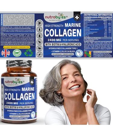 High Strength Marine Collagen 2400mg with Hyaluronic Acid 100mg Biotin Vitamin C D3 B12 and Silica - 120 Capsules - High Strength Hydrolysed Marine Collagen for Men and Women Made in UK - Buy Online on GoSupps.com