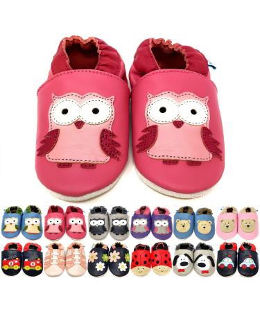 MiniFeet Premium Soft Leather Baby Shoes - BUY 4 PAIRS & GET 1 OF THEM FOR FREE ! - Toddler Shoes - 0-6 Months to 4-5 Years 0-6 Months Pink Owl