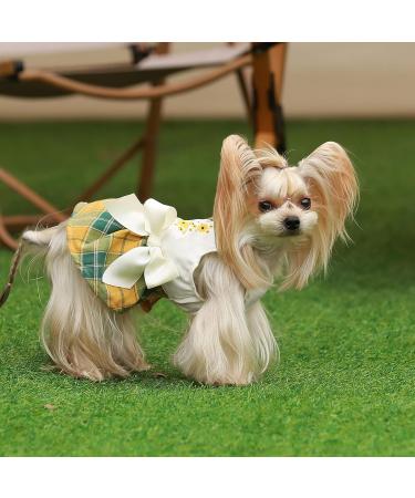 Fitwarm Amazing Floral Dog Dress for Small Dogs - Daisy Sleeveless Puppy Sundress in Green Yellow Plaid - Summer Cat Apparel - 100% Cotton - Buy Online on GoSupps.com