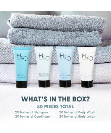 H2O Therapy Hotel Soaps & Toiletries Bulk Set | 80-Piece All-In-Kit for Hotels & Airbnb | Travel Size Shampoo Conditioner Body Wash & Lotion - .85oz - Buy Online on GoSupps.com