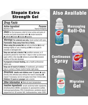 Stopain Pain Relief Gel 4oz (2 Pack) - USA Made Max Strength Fast Acting Relief for Arthritis & Sciatica with MSM Glucosamine Menthol - HSA/FSA Approved - Buy Online on GoSupps.com