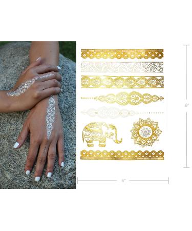 Terra Tattoos Gold Metallic Temporary Tats - 75+ Boho Henna Designs with Feathers, Tribal Elephants - Waterproof, Nontoxic, Long Lasting - Ideal for Beach, Festivals & More! - Buy Online on GoSupps.com
