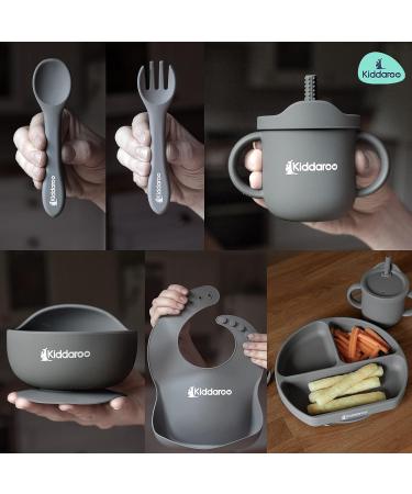 Kiddaroo Baby Weaning Set - Feeding Bib, Sippy Cup, Cutlery, Suction Plate & Bowl - Grey | Baby Led Weaning Essentials with eBook - Buy Online on GoSupps.com