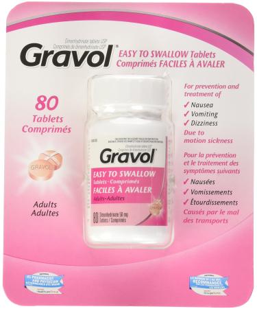 Gravol Easy To Swallow 80 Tablets Filmkote Antinauseant For Nausea Vomiting Dizziness and Motion Sickness 50 Milligram