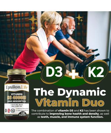 Vitamin D3 K2 Zinc Supplement - High Strength Formula with Vitamin K2 Mk7, Zinc, Boron, and MCT Oil - 4000IU - 120 Capsules - Made in the UK - Buy Online on GoSupps.com