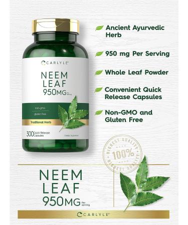 Carlyle Neem Leaf Capsules 950mg - 300 Count | Non-GMO, Gluten Free Traditional Herbal Supplement | Azadirachta Indica - Buy Online on GoSupps.com
