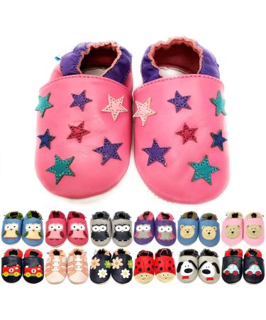 MiniFeet Premium Soft Leather Baby Shoes - BUY 4 PAIRS & GET 1 OF THEM FOR FREE ! - Toddler Shoes - 0-6 Months to 4-5 Years 0-6 Months Pink Stars