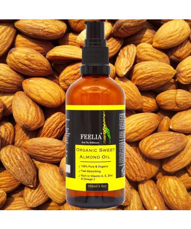 Feelia Organic Sweet Almond Oil - 100% Pure Cold Pressed Rich in Vitamins A & E Zinc Omega 3 - Fast Absorption for Healthy Skin - Buy Online on GoSupps.com