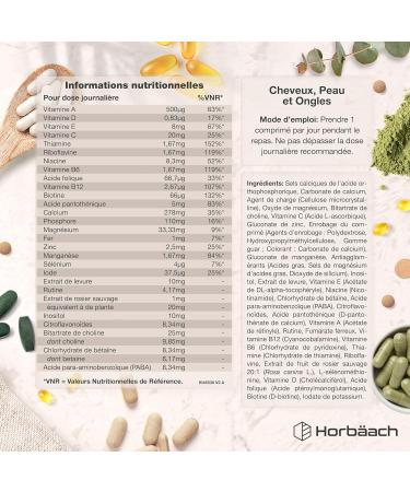 Cheveux Ongles Peau | 28 nutriments avec de la biotine du zinc du fer un complexe de vitamines B et bien plus encore ! | 120 Comprim s | Horbaach - Buy Online on GoSupps.com