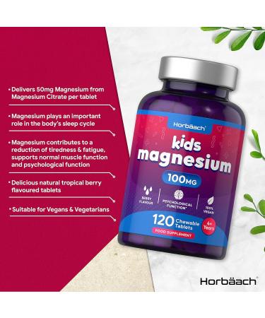 Magnesium Tablets for Kids | 100mg | 120 Chewable Tablets | Berry Flavour Vegan Supplement | by Horbaach - Buy Online on GoSupps.com