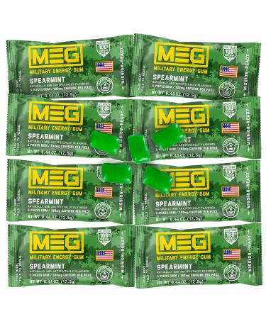 MEG - Military Energy Gum | 100mg of Caffeine Per Piece + Increase Energy + Boost Physical Performance + Spearmint 8 Pack (40 Count) Spearmint 5 Count (Pack of 8)