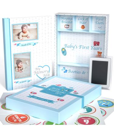 Little Growers Baby Memory Book WITH Keepsake Box, Baby Milestone Stickers AND Baby Footprint Kit - First 5 Years New Baby Scrapbook AND Photo Album, 5 Baby Shower Gifts in 1, for Newborn Boy Baby Blue