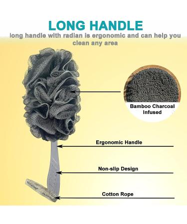 2-Piece Bamboo Charcoal Exfoliating Loofah Bath Back Brush Set - Long Handle Ergonomic Design for Men and Women - Includes Body Scrubber and Mesh Pouf - Buy Online on GoSupps.com