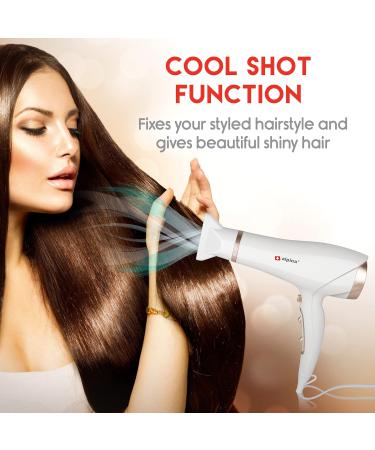 alpina Hair Dryer 19002300W Hairdryer with 3 Heat Settings Hair Dryer with Cool Shot Hair Dryer incl Extra Blow Nozzle and Hanging Loop WhiteRos  - Buy Online on GoSupps.com
