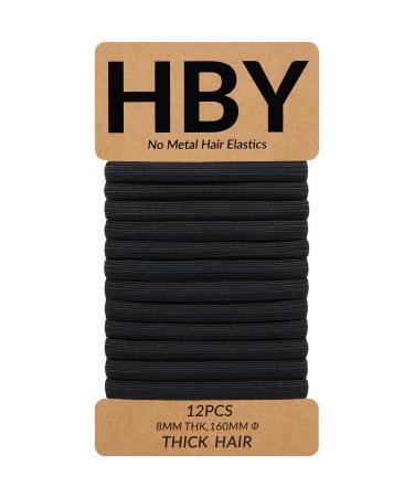 HBY Women's Hair Ties for Thick or Curly Hair. No Slip Seamless Ponytail Holders Sports Thick Hair Ties, Black, 8MM, 12 Pcs A. Black