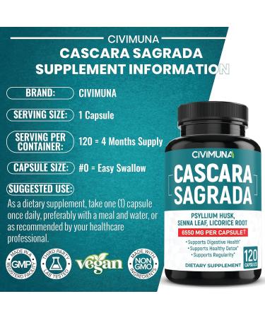 Cascara Sagrada Bark Extract Capsules 6550mg | 120 Capsules - 4 Months Supply | Senna Leaf Psyllium Husk Powder | CIVIMUNA - Buy Online on GoSupps.com