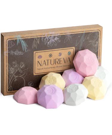 Natureva Organic Shower Steamers Aromatherapy - 8 XL Natural Shower Bombs  Essential Oil Shower Steamer Gift Set  Relaxation Gifts Women  Shower Melts Tabs  Stress Relief Scents  Unique Self Care Box