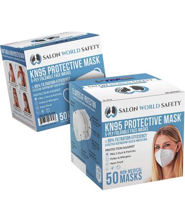 Salon World Safety KN95 Protective Masks - Box of 50 | 95% Filter Efficiency | 5-Layer Non-Woven Fabric | Safe & Easy Breathing | White - Buy Online on GoSupps.com