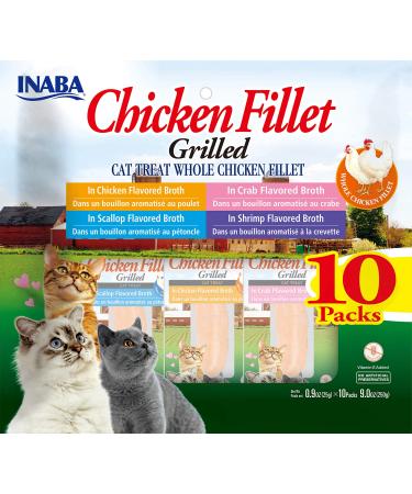 INABA Natural, Premium Hand-Cut Grilled Chicken Fillet Cat Treats/Topper/Complement with Vitamin E and Green Tea Extract, 0.9 Ounces Each Variety Pack 10.0