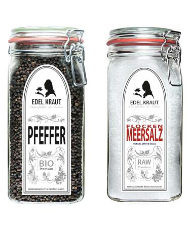 Organic Pepper & Salt Set | Noble Herb - Premium XXL Glass | Entire Peppercorns & Sea Salt for Steaks Salads & Roasts - Additive-Free Spices - Buy Online on GoSupps.com
