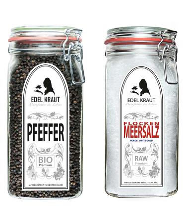 Organic pepper & salt set |Noble herb - entire peppercorns & sea salt in the premium XXL glass - spices and spice mixtures - free of additives - for steaks salads roasts and much more.
