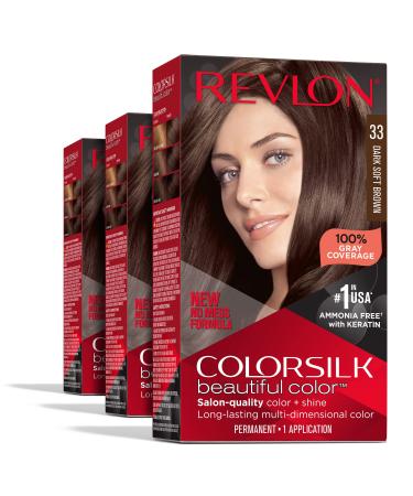 Permanent Hair Color by Revlon Permanent Brown Hair Dye Colorsilk with 100% Gray Coverage Ammonia-Free Keratin and Amino Acids Brown Shades (Pack of 3) 33 Dark Soft Brown - Buy Online on GoSupps.com