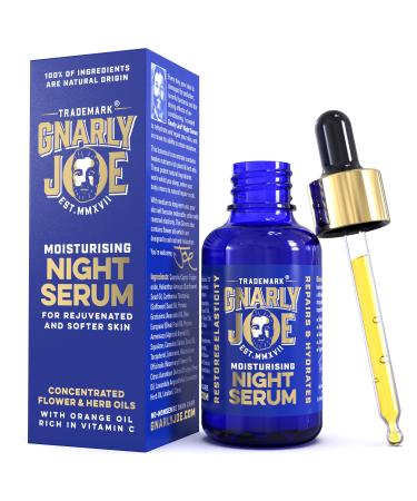 Gnarly Joe Night Serum. Concentrated Face Moisturiser for Men. Natural Ingredients. 30ml Bottle Lasts 2-3 Months. Contains Orange Oil Rich in Vitamin C. Subtle Rosemary Lavender and Sweet Orange