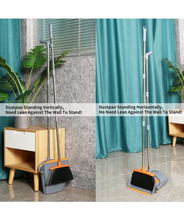 Upright Broom and Dustpan Set with Long Handle | Grey and Orange Cleaning Supplies for Home, Office, Kitchen | Pet Hair and Wood Floor Sweeping Combo - Buy Online on GoSupps.com