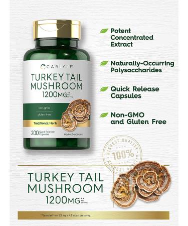 Carlyle Turkey Tail Mushroom Capsules 1200mg 200 Count Non-GMO Gluten Free Extract - Buy Online on GoSupps.com