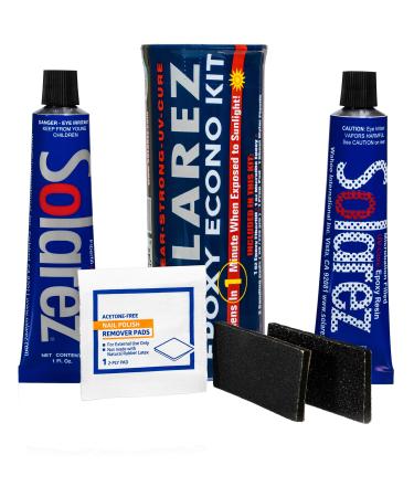 SOLAREZ EPOXY Econo Gift KIT  UV Cure Surfboard Repair Epoxy, SUP, Wakeboard Repair, w Epoxy Fiberfil Putty, Tube Microlite Epoxy Putty, 2 Grit Sand Pads and Acetone Prep-Pad Made in The USA