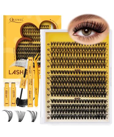 QUEWEL Clusters-Lashes Kit 30+40+50D Lash Clusters Mixed 10-16mm D Curl Eyelashes-Individual Kit with Waterproof Lash Bond and Seal and Lash Tweezer DIY at Home for Beginner(30D+40D+50D-KIT)
