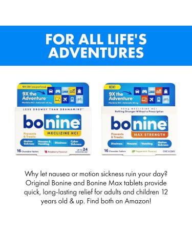 Bonine MAX Chewable Meclizine HCL 50mg for Motion Sickness Relief - Max Strength Formula, 16 Tablets, Peppermint - Cruise Essentials - Buy Online on GoSupps.com