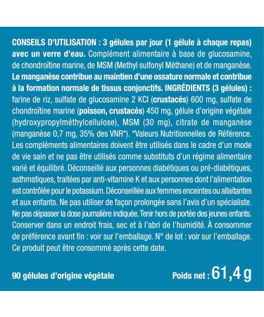 Glucosamine Chondroitin - Joint Complex with MSM & Manganese - Against Joint Pain Osteoarthritis Tendonitis - Cartilage Reconstitution - 90 Vegetable Capsules - Made in France - Buy Online on GoSupps.com