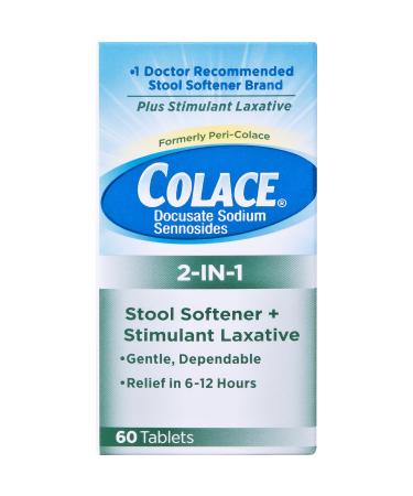 Colace 2-IN-1 Stool Softener & Stimulant Laxative Tablets 60 Count Gentle Constipation Relief in 6-12 Hours