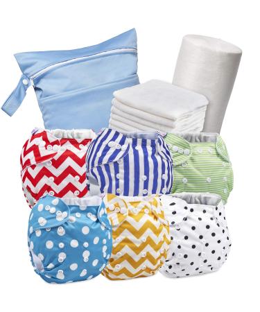 Reusable Nappies - Eco Friendly and Chemical Free Cloth Nappies - Includes 6 Washable Baby Diapers 6 Bamboo Nappy Inserts 1 Roll of Biodegradable Nappy Liner Wet Bag Stripes & Polka Dots - Buy Online on GoSupps.com