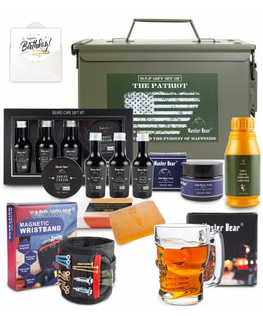 Master Bear Birthday Gifts for Men | 50 Cal Metal Ammo Cans Box Shaving Grooming Set Collection for Him with Happy Bday Card