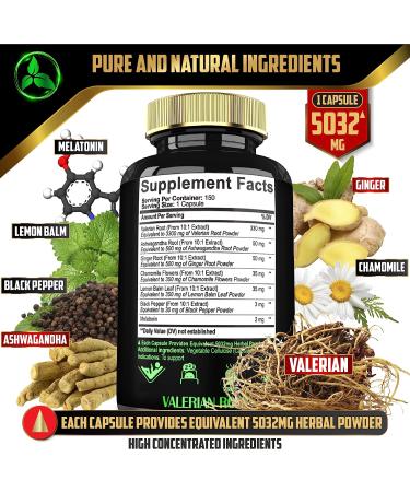 Valerian Root Capsules 5032mg - 150 Capsules - Highest Potency w/ Ashwagandha, Ginger, Chamomile, Balm, Black Pepper - Relax & Restful Mind - 5 Month Supply - Buy Online on GoSupps.com