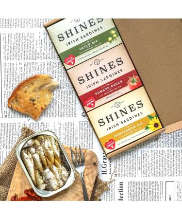 Pack of Shines Irish Tinned Sardines - 3 Flavours Tomato Sauce Olive Oil and Sunflower Oil - Pilchards - Low Carb and High Protein - Canned Fish High in Omega 3 - 3x 106g Cans - Buy Online on GoSupps.com