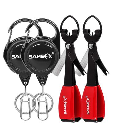 SAMSFX Fly Fishing Knot Tying Tools Quick Knot Tool for Fishing Hooks, Lures, Flies, Trout Line Backing, Come with Zinger Retractors 2sets Black Knot Tool(Red Grip) & Carabiner Zinger