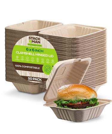 Stack Man-BG-60HT1K 100% Compostable Clamshell Take Out Food Containers 6x6" 50-Pack Heavy-Duty Quality to go Containers, Natural Disposable Bagasse, Eco-Friendly Biodegradable Made of Sugar Cane Fibers 6X6" Clamshell -- 50 Pack