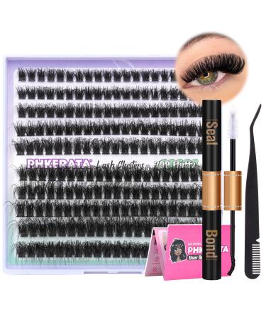 Fluffy Cluster Lashes DIY Lash Extension Kit D Curl Individual Eyelashes 8-18MM Lash Clusters with Bond and Seal and Lash Tweezers 200Pcs Eyelash Extension Kit Lashes by PHKERATA(0.07D 8-18MM) 70P Kit Fluffy