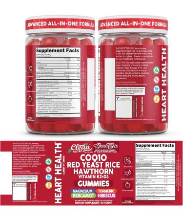 Clean Nutra CoQ10 Gummies Red Yeast Rice Hawthorn K2 Vitamin Supplement Magnesium Glycinate Turmeric Citrus Bergamot Hibiscus VIT D K Fenugreek Garlic Supplements Heart Support Gummy 60ct - Buy Online on GoSupps.com