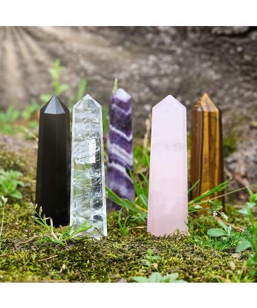 Large Healing Crystal Wand Set - 5pc 3 Standing Towers & Points - Rose Quartz, Clear Quartz, Tigers Eye, Amethyst, Black Obsidian - Spiritual Decor - Buy Online on GoSupps.com