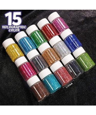 Leobro 15 Colors Holographic Glitter Powder Set - 150g Fine Glitter for Epoxy Resin Nail Art & Decoration | 10PCs Spoon Included - Buy Online on GoSupps.com