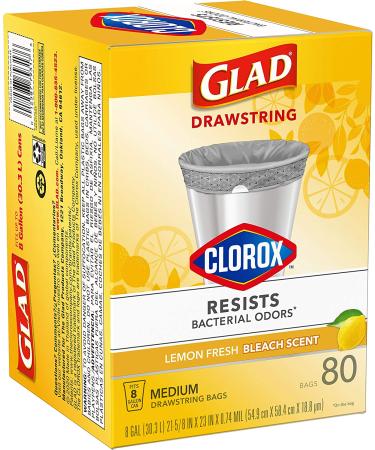 Glad Medium Drawstring Trash Bags with Clorox 8 Gallon - Lemon Fresh Bleach Scent - 80 Count - Buy Online on GoSupps.com