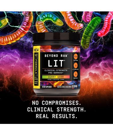 BEYOND RAW LIT V2 Clinical Strength Pre Workout Powder Hits Harder Bigger Pumps Caffeine L-Citrulline Creatine Gummy Worm 30 Servings Gummy Worm 30 Servings - V2 - Buy Online on GoSupps.com