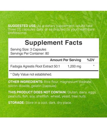 Fadogia Agrestis Extract 1200mg Per Serving, 240 Capsules - Third Party Tested - Ultra Strength 50:1 Extract from Root, Plant Based, Highly Purified and Bioavailable, Gluten Free, Non-GMO - Buy Online on GoSupps.com