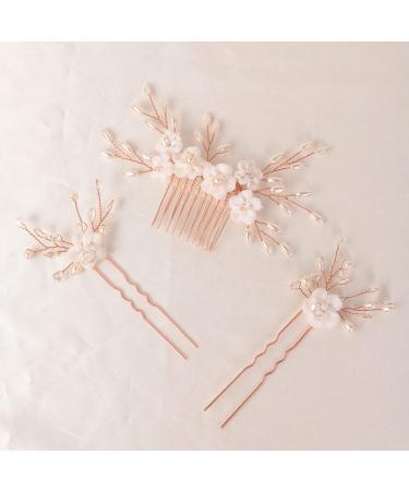 BERYUAN Bridal White Flowers Pearls Rhinestone Beads Hair Comb Pins Set Pearls Rhinestone Wedding Hair Accessories Flowers Pearls Bridal Headpiece for Brides Bridesmaid Girls (rose gold)